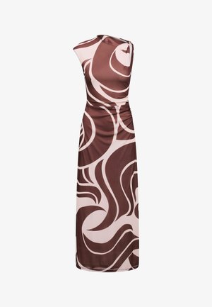Robe longue sans manches avec un motif abstrait de tourbillons marron et beige et des détails froncés sur un côté.