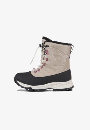 Beige and black waterproof ankle boot with textured upper, lace closure, and thick rubber sole. Fleece lining at the collar for warmth.