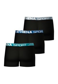 Ensemble de trois shorts de sport noirs, avec une taille contrastante portant "ATHENA SPORT" en blanc et turquoise ; tissu lisse, coupe moderne.