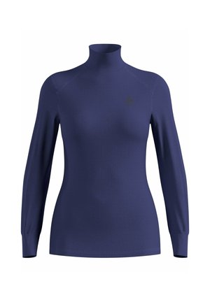 Col roulé à manches longues en bleu marine, fabriqué à partir d'un tissu lisse et extensible. Il présente des coutures à plat et un logo discret sur la poitrine gauche.