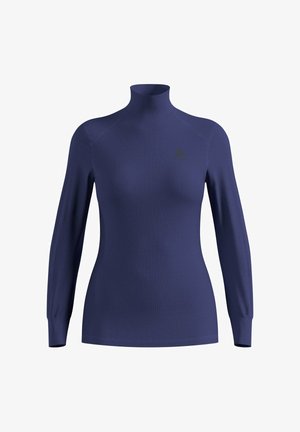 Col roulé à manches longues en bleu marine, fabriqué à partir d'un tissu lisse et extensible. Il présente des coutures à plat et un logo discret sur la poitrine gauche.