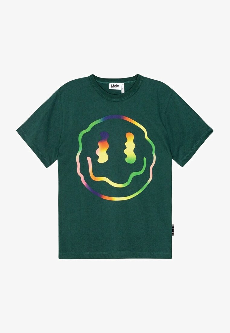 Mørkegrøn bomulds T-shirt med et stort, flerfarvet smiley-faces grafik med en cirkulær omrids og subtil tekstur.