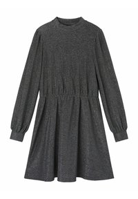 Zwart metallic shiftjurk met lange ballonmouwen, een hoge halslijn en een elastische taille die samenkomt in een vloeiende rok.