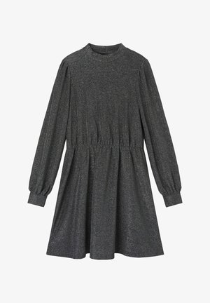 Zwart metallic shiftjurk met lange ballonmouwen, een hoge halslijn en een elastische taille die samenkomt in een vloeiende rok.