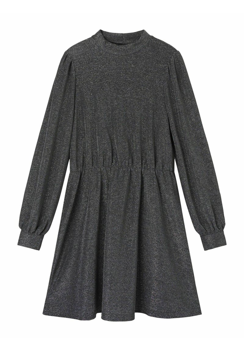 Zwart metallic shiftjurk met lange ballonmouwen, een hoge halslijn en een elastische taille die samenkomt in een vloeiende rok.