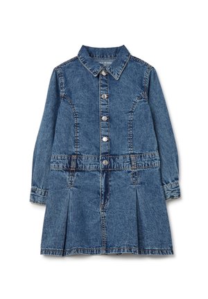 Robe en denim manches longues avec fermeture à boutons sur le devant, col, détails de coutures et plis façon jupe à l'ourlet.