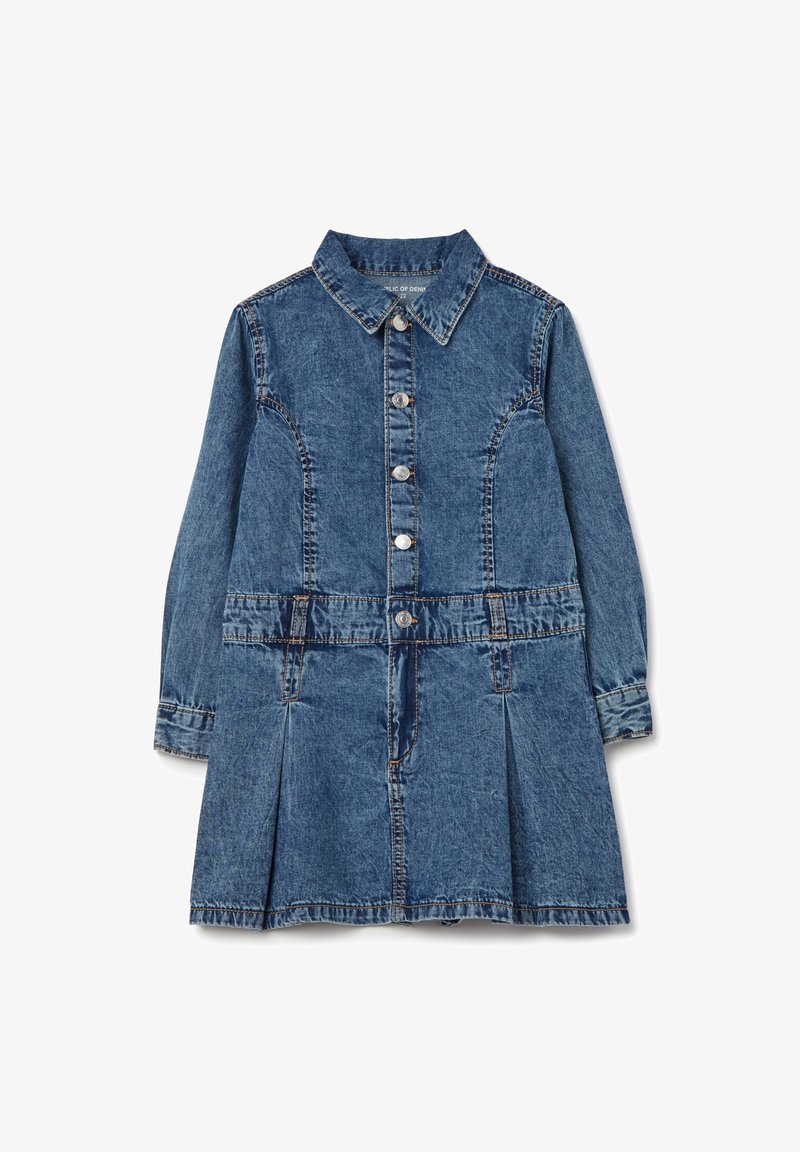 Robe en denim manches longues avec fermeture à boutons sur le devant, col, détails de coutures et plis façon jupe à l'ourlet.