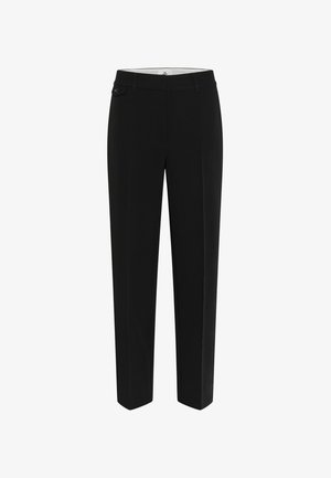 Black trousers featuring a straight cut, waistband with belt loops, and a small button detail on front pocket. Made of smooth fabric.