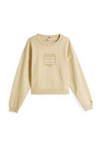 Sweat-shirt court beige avec manches longues, ourlets côtelés et logo devant affichant "Hilfiger New York 1985" en beige assorti.