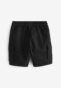 Shorts cargo noirs en coton, dotés d'une taille élastique, de poches latérales et d'une texture lisse. Design simple sans motifs.
