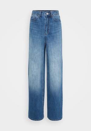 High-waisted wide-leg blue jeans with faded detailing, front button and zipper closure, and five-pocket styling.
