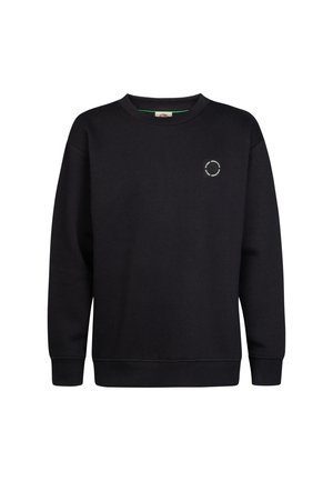 Sort langærmet crewneck-sweatshirt med rib manchetter og kant, med lille cirkulært hvidt logo på venstre bryst.