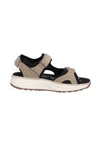 Sandalo beige e nero con cinturini regolabili in velcro, soletta imbottita, dettagli in rete traspirante e una suola bianca chunky.