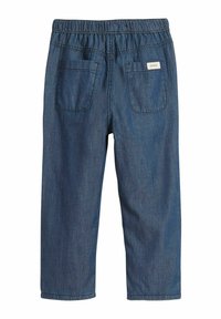 Tummansinisiä farkkuhousuja, joissa on joustava vyötärö ja kaksi takataskua. Kangas on pehmeä, siinä on sileä pinta ja hienovaraiset ompelu yksityiskohdat.