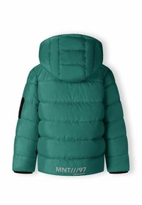 Doudoune teal avec capuche, design matelassé, accent noir sur la manche gauche, et marquage "MNT///97" en gris en bas.