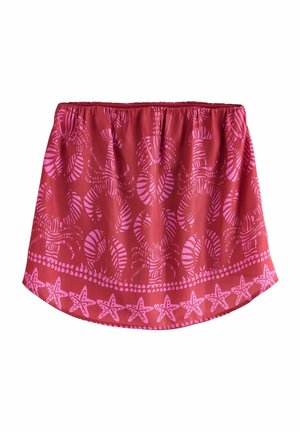 Rode rok met een elastische tailleband, versierd met een roze abstract bladpatroon en een roze sterrenzeefrand aan de zoom. Sterke textuur.