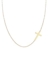 Gold-toned necklace featuring a thin chain with a simple, flat cross pendant, highlighting a minimalist design and smooth texture.