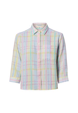 Koszula na guziki w pastelowy wzór w kratę w kolorach żółtym, niebieskim, różowym i zielonym, z długimi rękawami i jedną kieszenią na piersi.