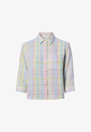 Koszula na guziki w pastelowy wzór w kratę w kolorach żółtym, niebieskim, różowym i zielonym, z długimi rękawami i jedną kieszenią na piersi.