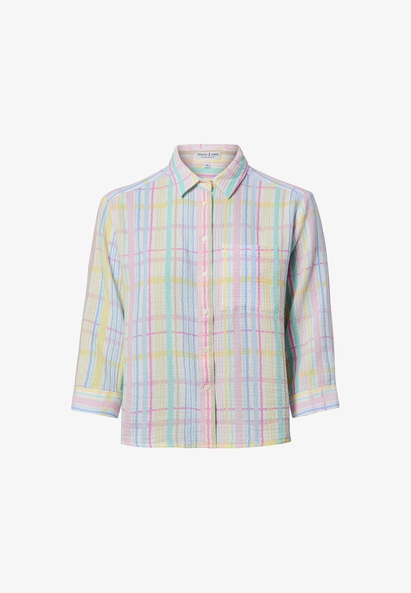 Hemd zum Knöpfen mit kariertem Muster in Pastellgelb, Blau, Rosa und Grün, langen Ärmeln und einer einzelnen Brusttasche.