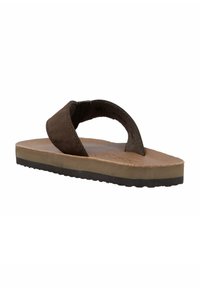 Brun flip-flop sandal med en overdel i ruskind og stofremme, med en polstret brun fodseng og en tekstureret sort gummisål.