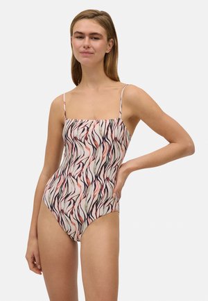 Traje de baño de una pieza en tejido suave con un colorido patrón de olas en tonos durazno, rosa y púrpura. Tiras ajustables tipo espagueti, escote cuadrado.