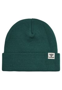 Groene gebreide muts, zachte textuur, omgeslagen rand, met een klein wit label met een logo aan de zijkant. Eenvoudig, ongecompliceerd ontwerp.