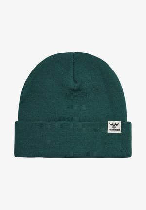 Bonnet en tricot vert, texture douce, revers replié, avec une petite étiquette blanche portant un logo sur le côté. Design simple et sans ornements.