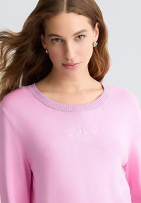Maglione a maglia rosa chiaro con scollatura a coste e logo impresso. Design aderente con maniche lunghe, texture liscia e senza motivi visibili.