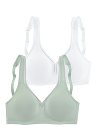 Two bras displayed: one white and one light green. Both have soft material, molded cups, adjustable straps, and a seamless design.