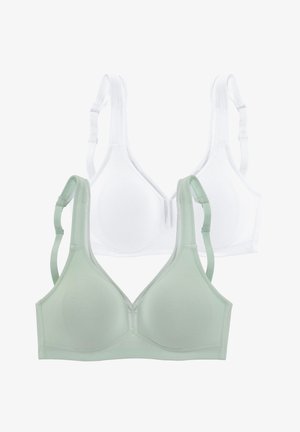 Zwei BHs präsentiert: einer in Weiß und einer in Hellgrün. Beide bestehen aus weichem Material, haben vorgeformte Cups, verstellbare Träger und ein nahtloses Design.