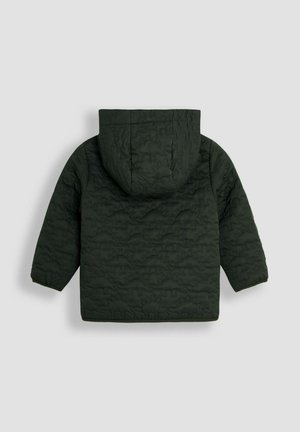 Tume roheline tikitud jope kapuutsiga, millel on pikad varrukad ja elastsed mansetid. Tekstureeritud pind diskreetsete mustritega.