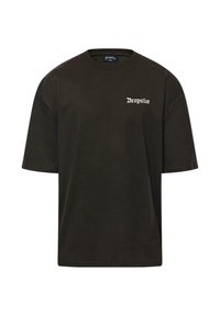 Black cotton t-shirt with a round neckline and short sleeves. Features "Dropsize" logo in white script on the left chest area.