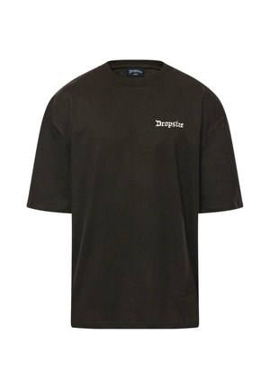 Black cotton t-shirt with a round neckline and short sleeves. Features "Dropsize" logo in white script on the left chest area.