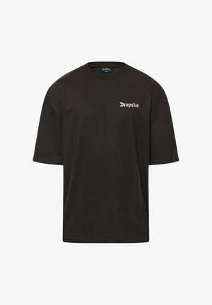 T-shirt nera in cotone con scollatura rotonda e maniche corte. Presenta il logo "Dropsize" in bianco in stile corsivo sull'area sinistra del petto.