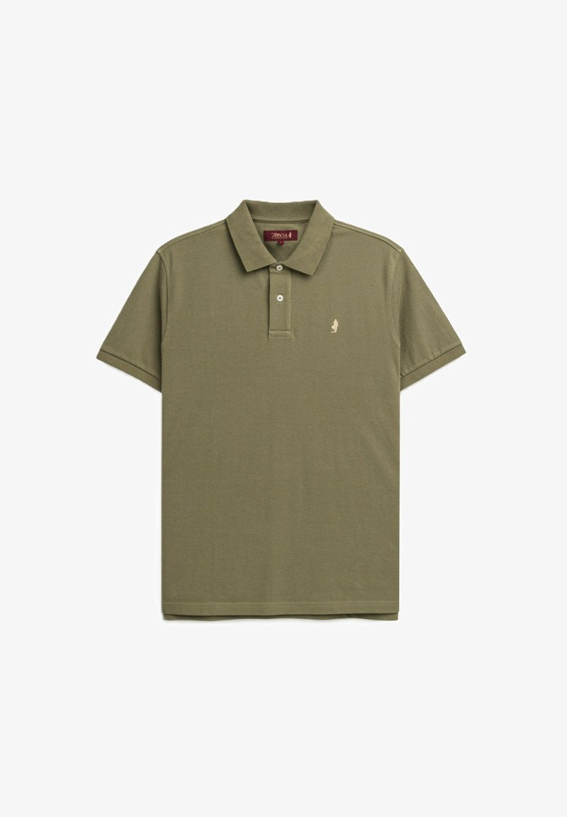 Polo shirt verde oliva realizzato in tessuto strutturato, con colletto classico, due bottoni e un piccolo logo ricamato sul petto.