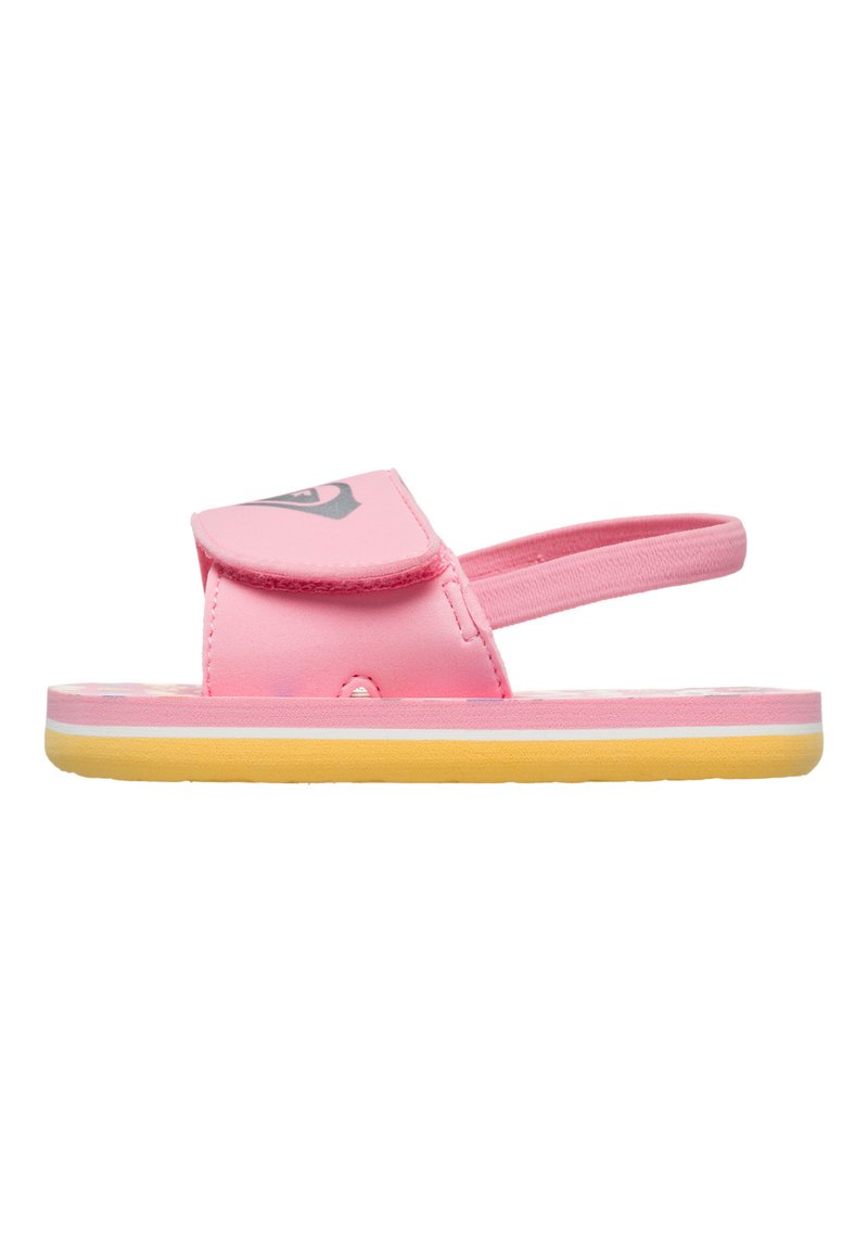 Rosa sandaler med ett kardborrebandsrem, platt sula och gul botten. Har ett mjukt övre material och en enkel design utan ytterligare mönster.