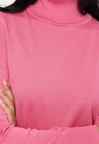 Rosa ribbad polokrage med en tight passform, långa ärmar och en texturerad yta. Halsringningen är vikt med subtila sömdetaljer.