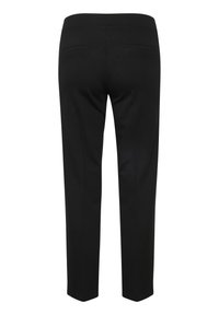 Zwarte broek met een slim-fit ontwerp, gladde textuur en twee achterzakken; rechte pijpen en een klassieke tailleband.