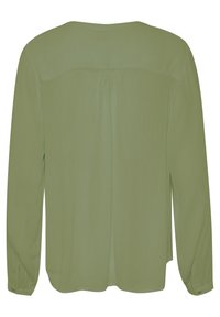 Langarmblouse van zachte olijfgroene stof. Heeft een ronde halslijn, een achterpand en knoopmanchetten met een vloeiende, gestructureerde uitstraling.