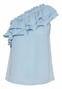 Light blue one-shoulder top made of lightweight fabric, featuring a ruffled neckline and hem, with a relaxed fit and no visible closures.