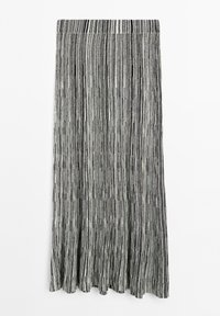 Jupe midi à rayures verticales noir et blanc avec des plis, confectionnée dans un tissu léger. Présente un ourlet festonné et une taille lisse.
