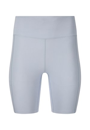 Lichtgrijze, hoog getailleerde, geribbelde stretchshorts met platte naden, tot halverwege de dijen reikend.