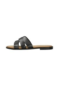 Sandale à glissière en cuir noir avec trois larges brides, semelle plate et semelle intérieure marron. Design minimaliste avec des coutures visibles sur les bords.