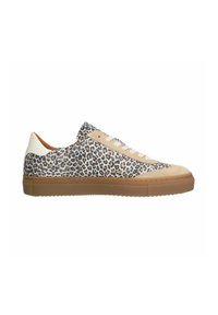 Sneakers with a leopard print upper, beige suede accents, and white heel tab. Features laces and a gum rubber sole. Low-top design.
