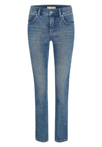 Jeans in denim azzurro chiaro con un design a gamba dritta, cinque tasche, chiusura con zip e bottone in metallo. Tessuto morbido con dettagli di sbiadimento sottili.