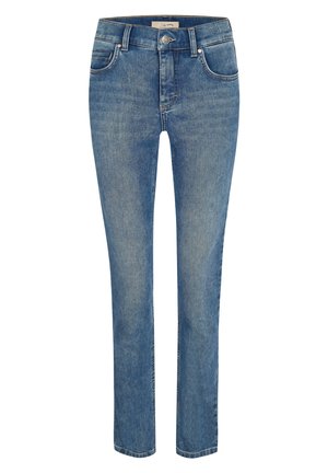 Jeans de mezclilla azul claro con un diseño de pierna recta, cinco bolsillos, cremallera y cierre de botón de metal. Textura suave con sutiles detalles de desvanecimiento.