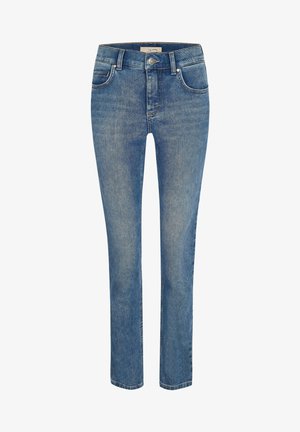 Jeans in denim azzurro chiaro con un design a gamba dritta, cinque tasche, chiusura con zip e bottone in metallo. Tessuto morbido con dettagli di sbiadimento sottili.