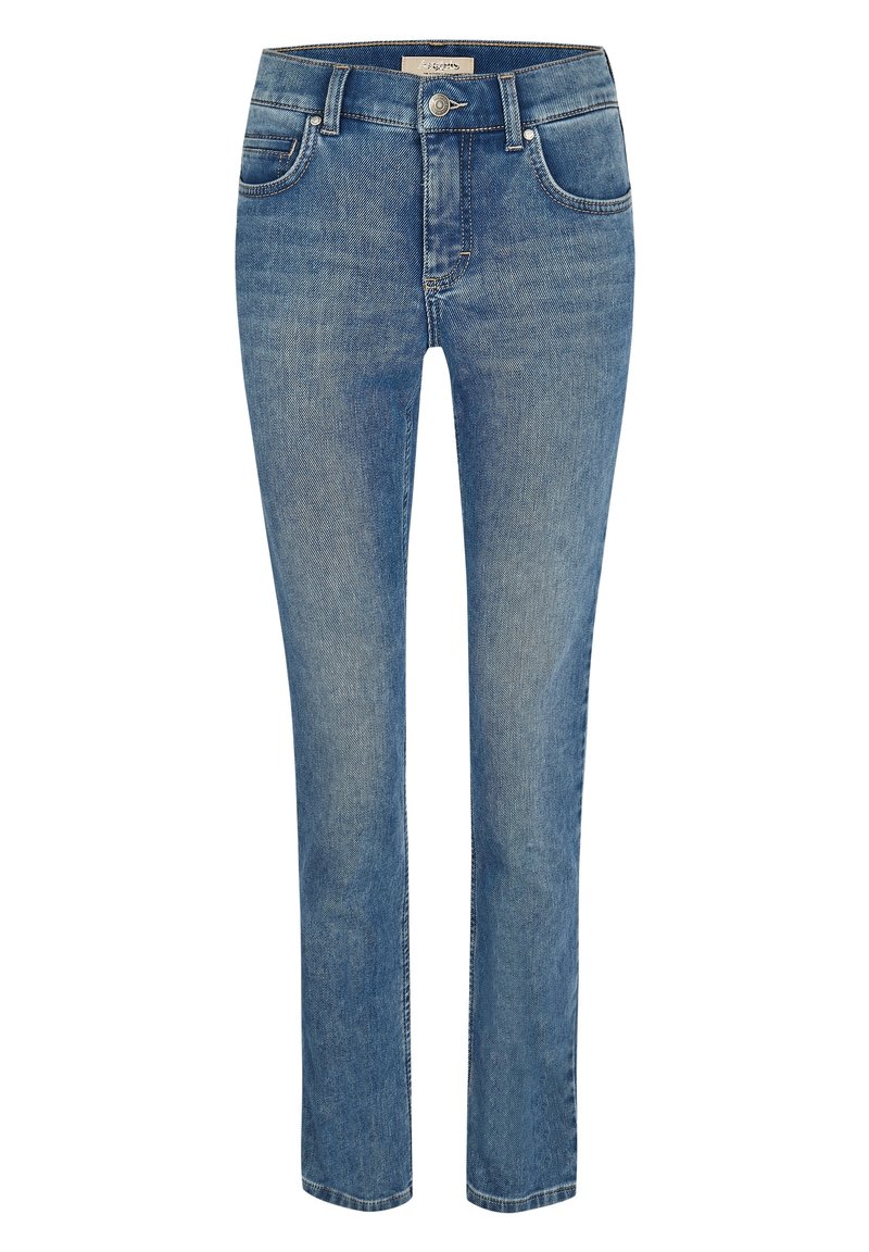 Jeans in denim azzurro chiaro con un design a gamba dritta, cinque tasche, chiusura con zip e bottone in metallo. Tessuto morbido con dettagli di sbiadimento sottili.