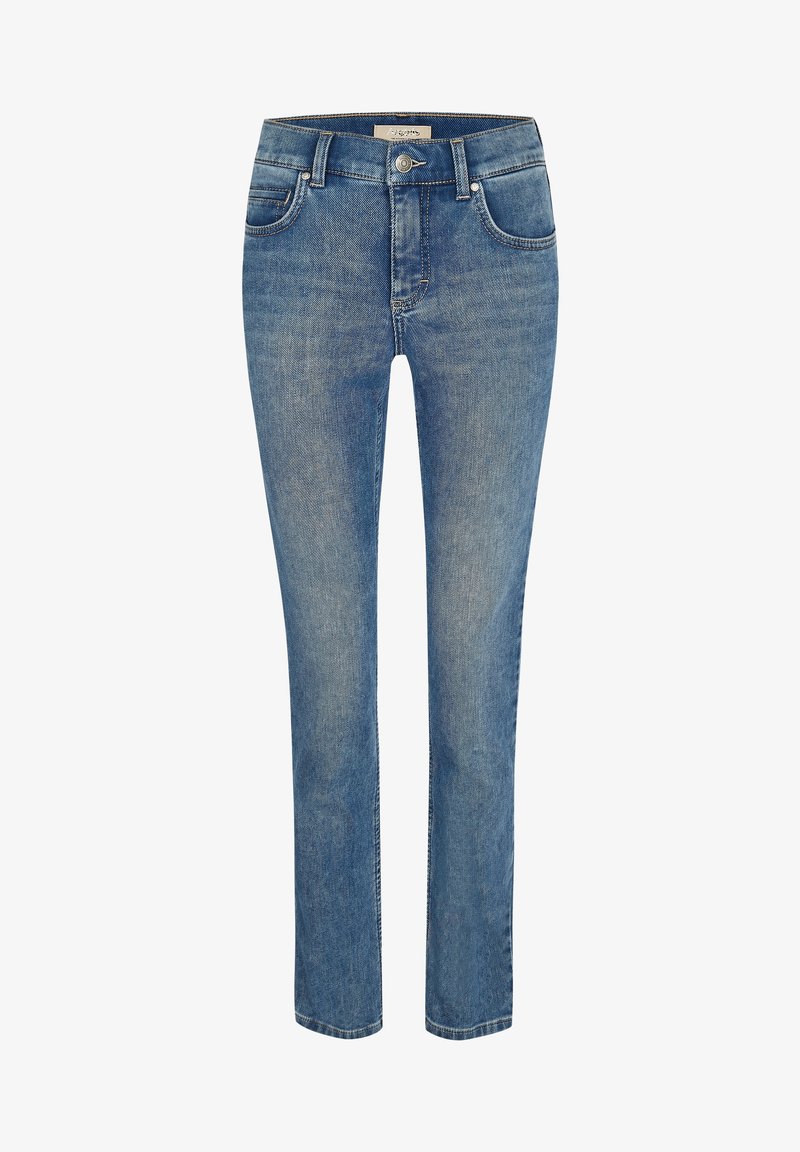 Jeans in denim azzurro chiaro con un design a gamba dritta, cinque tasche, chiusura con zip e bottone in metallo. Tessuto morbido con dettagli di sbiadimento sottili.